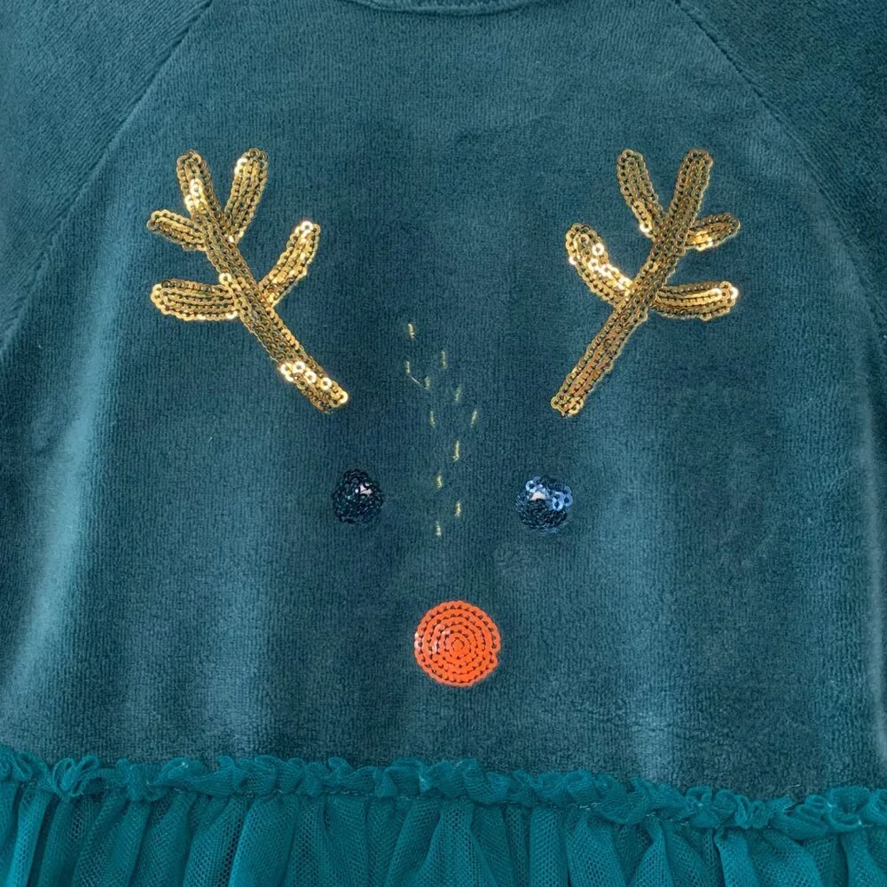 MINI BODEN Reindeer Dress Girls 5-6 5T 116cm Green Velour Tulle Christmas Girl - Picture 5 of 6